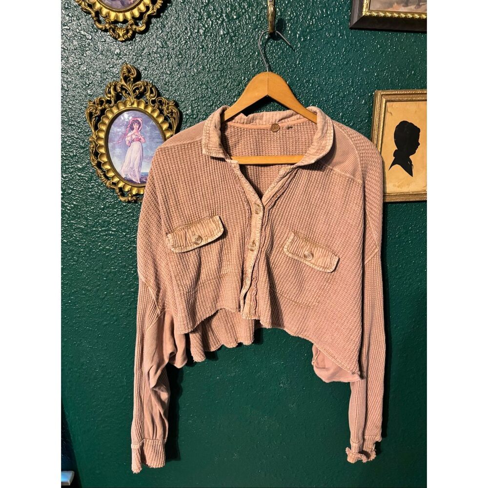 Free People One Scout Dusty Pink Waffle Weave Jacket Sz Medium Cropped